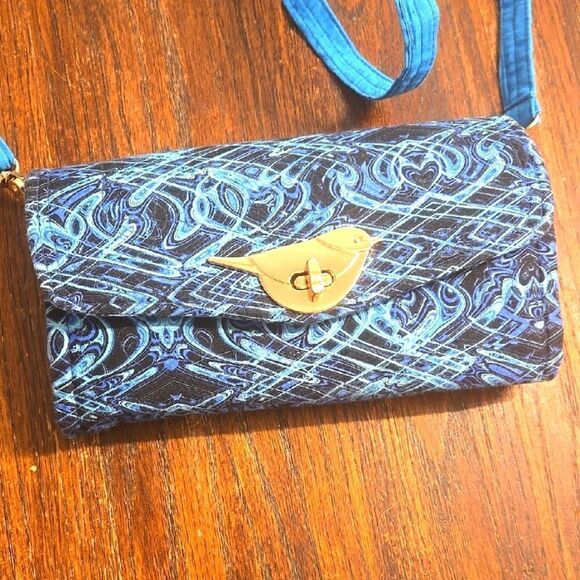 Blue and Gold Crossbody Bag with Swirling Pattern and Metal Clasp - Picture 1 of 9